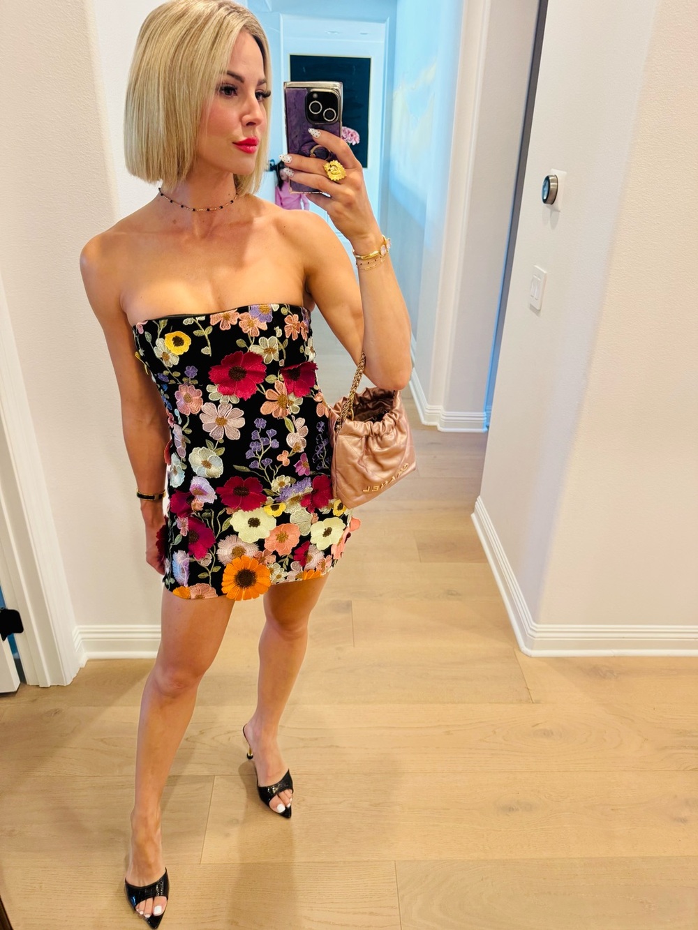Floral Embroidered Strapless Mini Dress in Black and Multicolor- Nieman Marcus